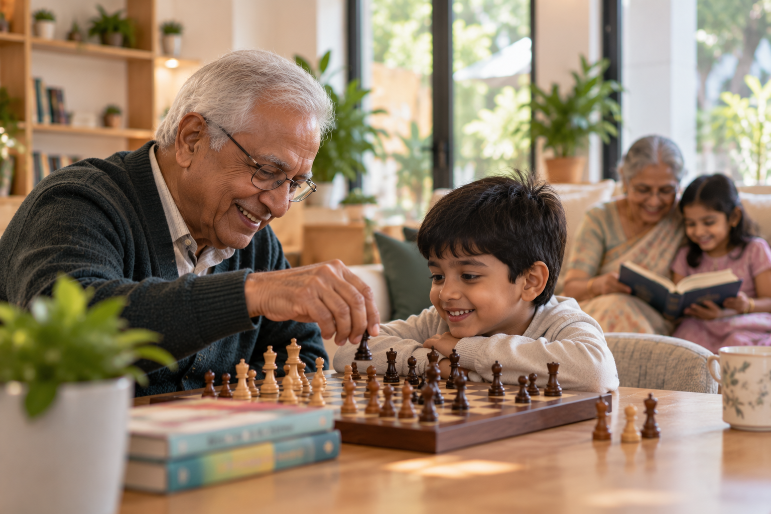 A grandfather playing chess with his grandson while a grandmother reads with her granddaughter nearby