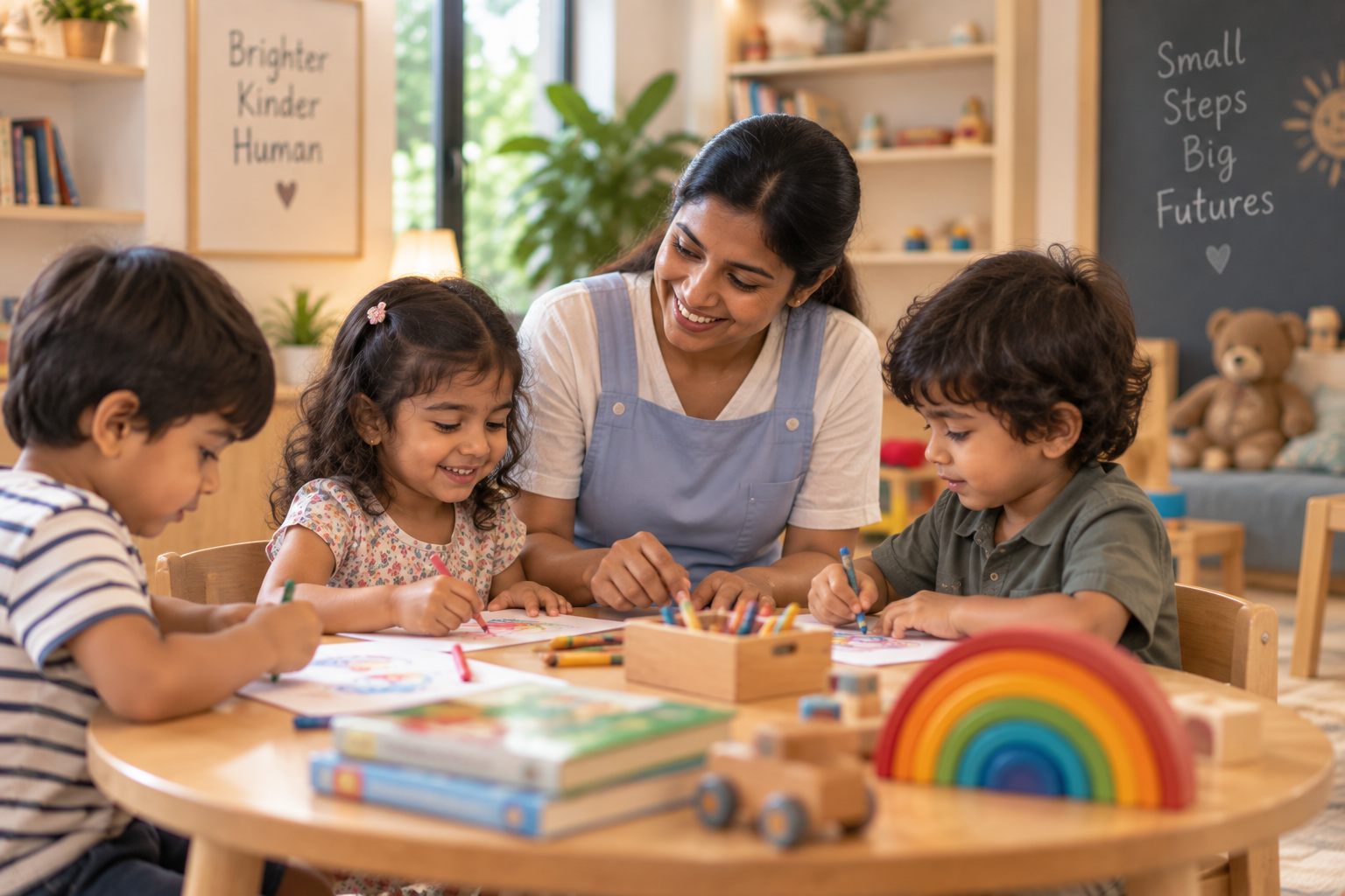 A caregiver doing craft activities with three young children at a table