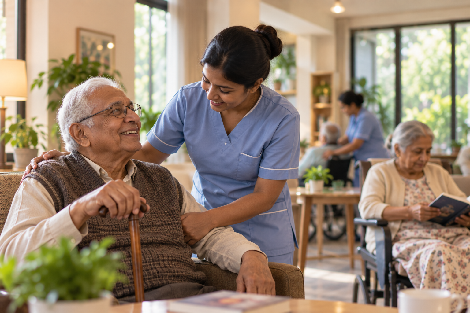 A caregiver attending to an elderly man in a shared seating area at Peedhiya