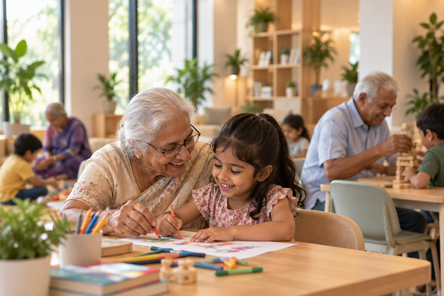 A grandmother and granddaughter drawing together, with other children and seniors nearby