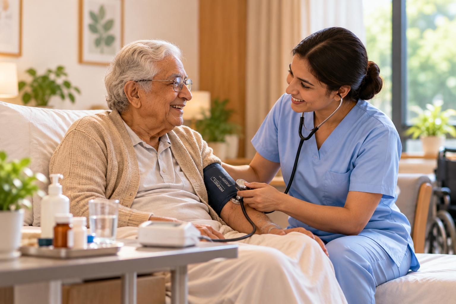 A nurse checking an elderly man's blood pressure as they talk and smile