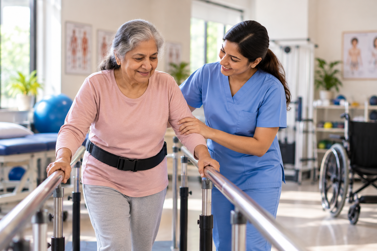 A caregiver steadying an elderly woman as she walks between parallel bars