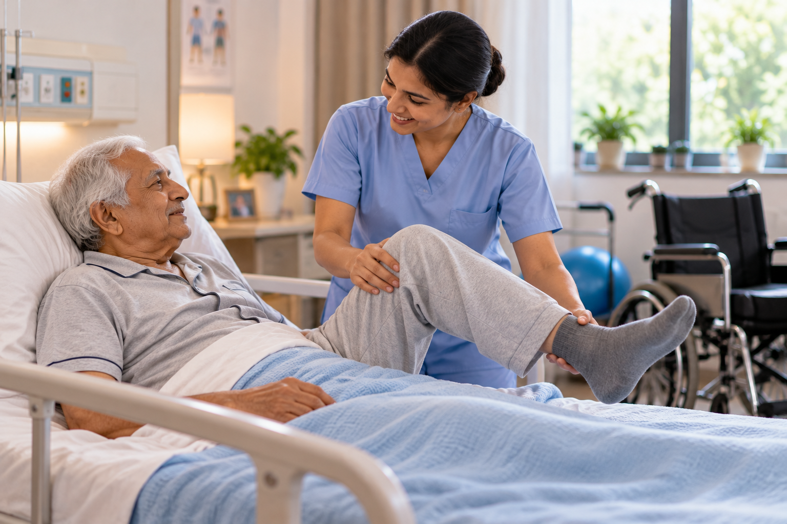 A nurse helping an elderly man with a leg exercise in bed