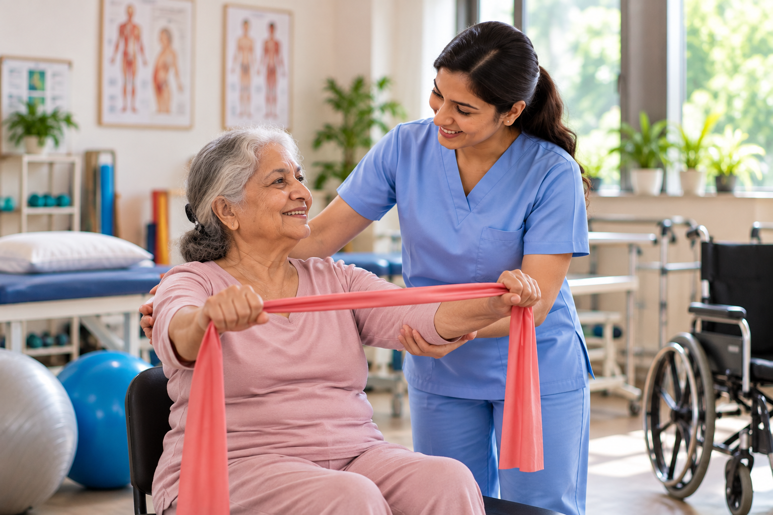 A physiotherapist guiding a seated woman through a resistance band exercise