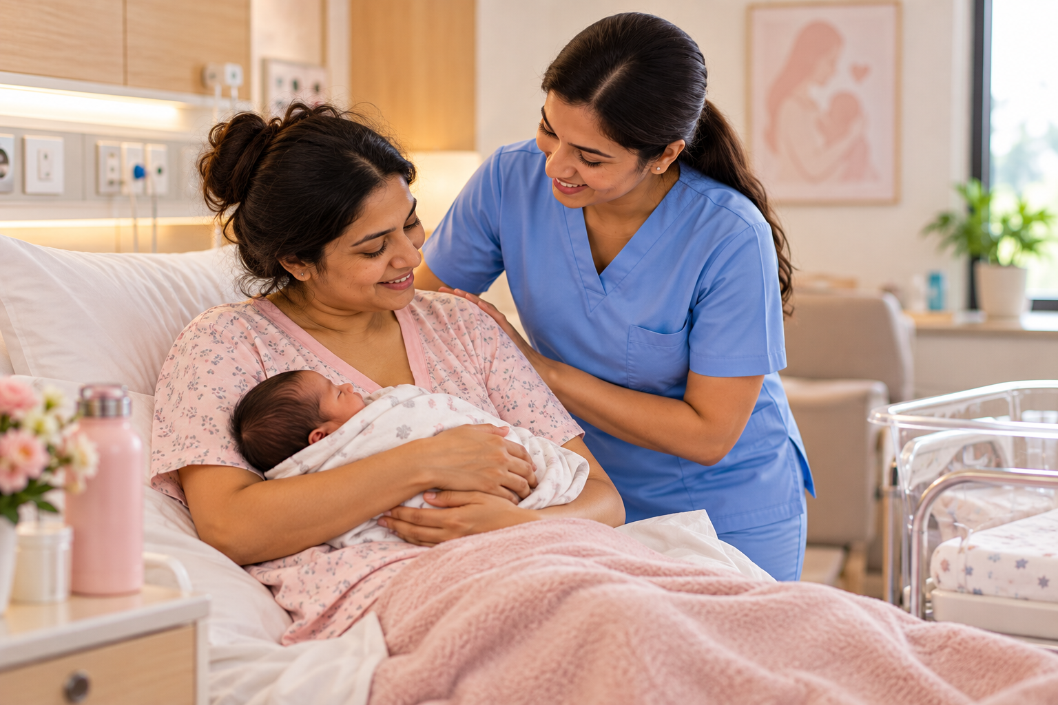 A new mother holding her swaddled newborn while a nurse stands beside her
