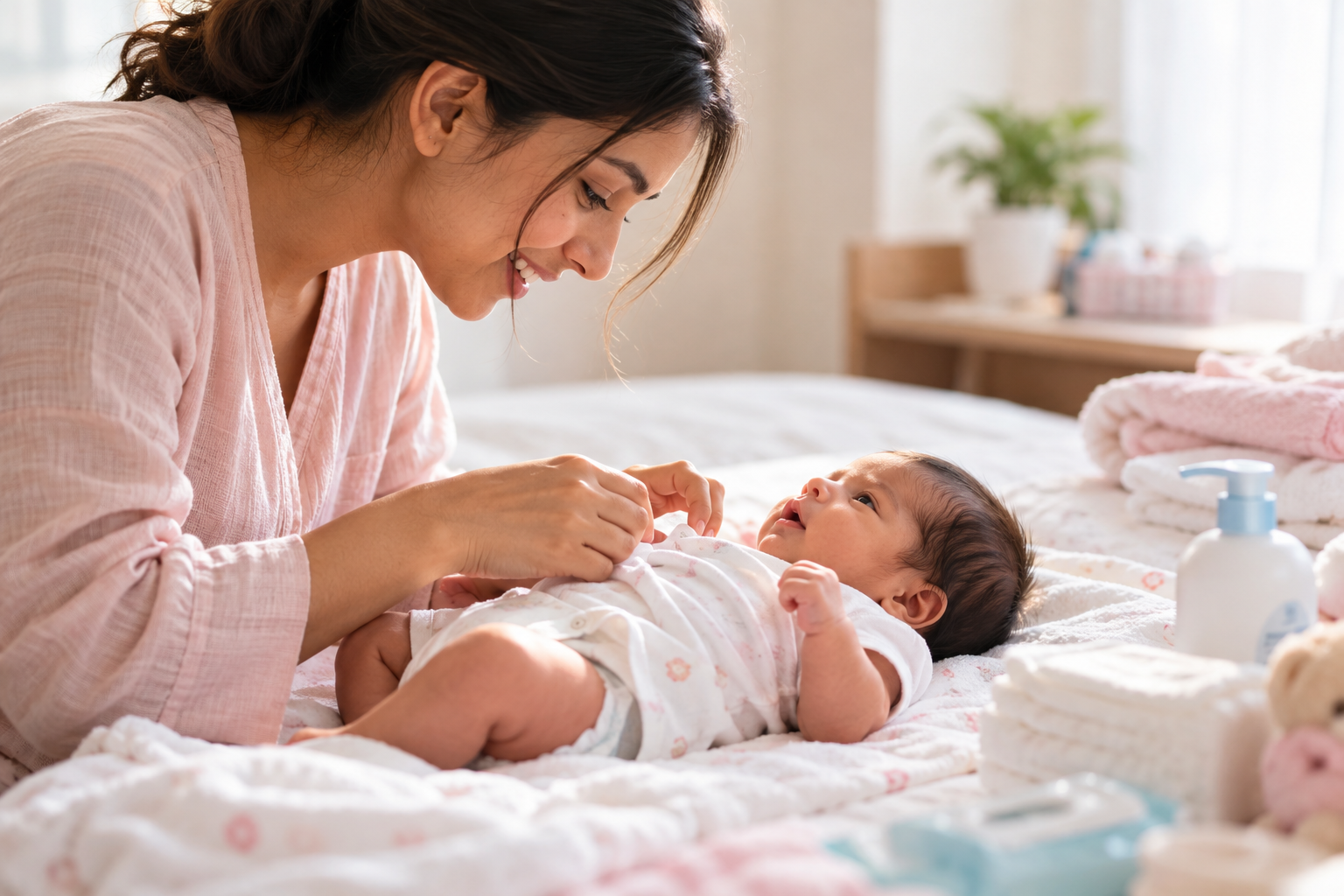 A mother smiling at her newborn baby while dressing them