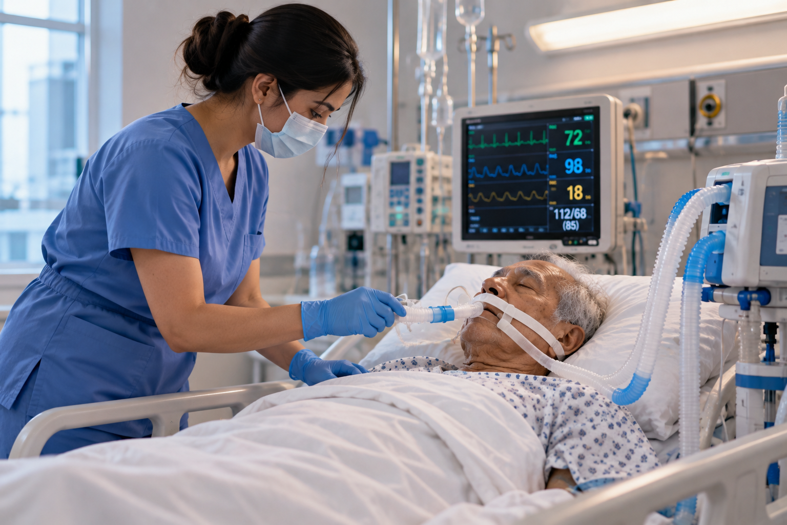 A nurse adjusting a breathing mask for an elderly patient beside a monitor