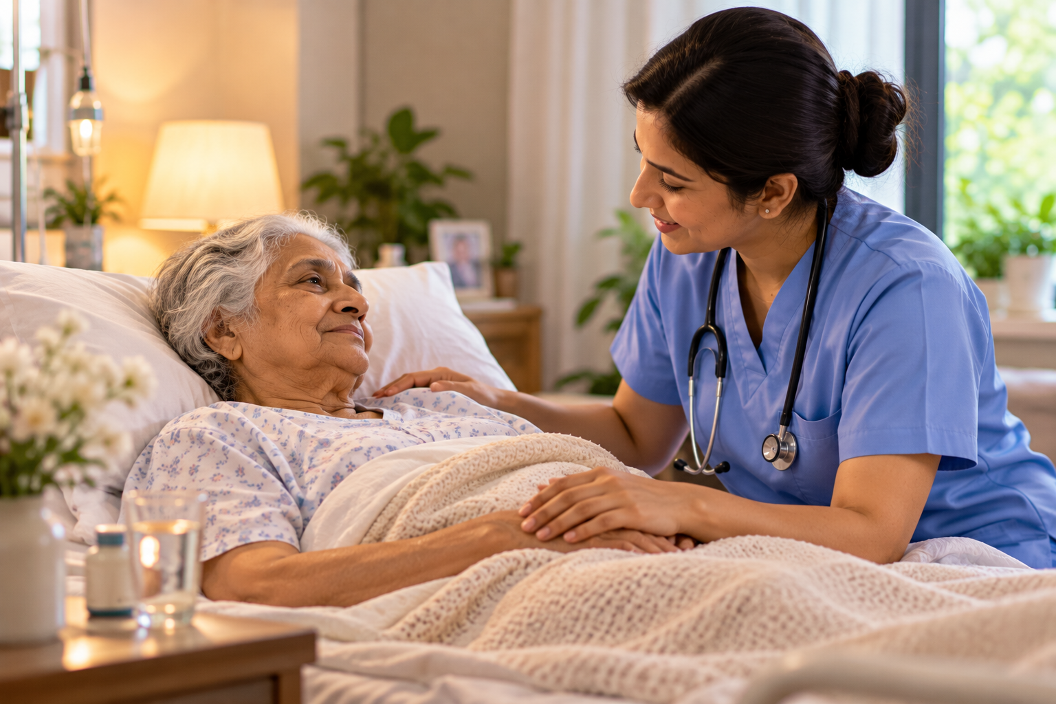 A nurse holding the hand of an elderly woman resting in bed